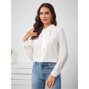 J Crew White Long Sleeve Tie Neck Button Down Shirt Size Small Office Career